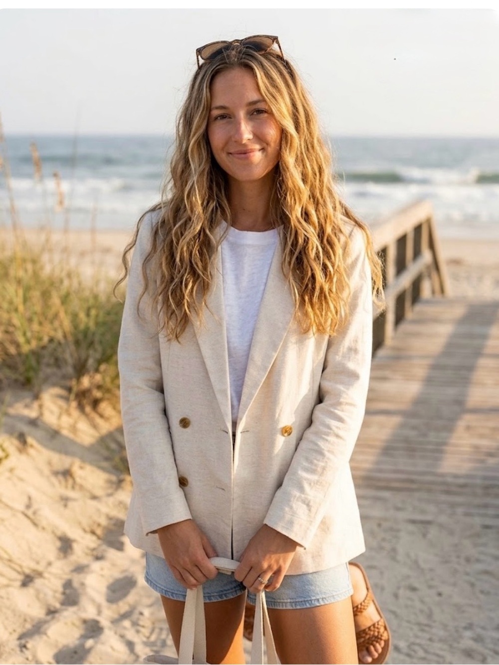 Banana Republic Cream Double-Breasted Linen-Blend Blazer